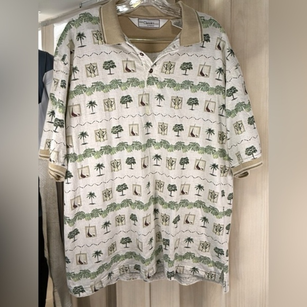 Palmland CLASSICS Polo Palm Tree Polo Shirt Size L Beige Green Tropical 90s